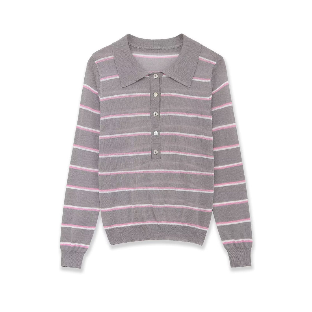 Damen Feinstrick-Polopullover mit Knopfleiste und feinen Querstreifen Echoarchiv