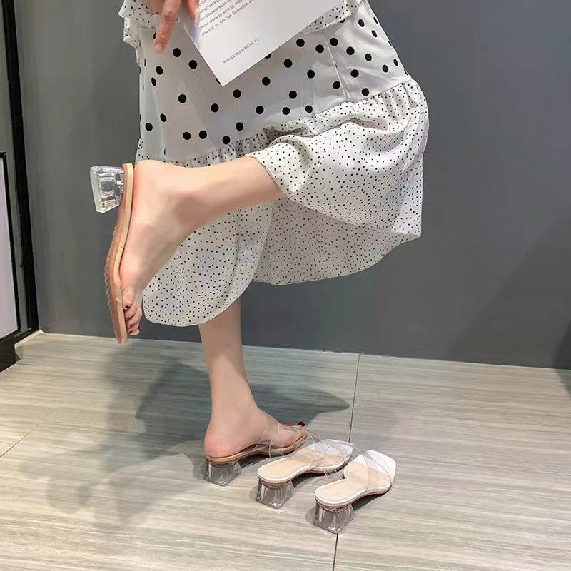 Damen Minimalistische Doppelriemen Mules mit transparentem Obermaterial und geometrischem Blockabsatz – Avérine