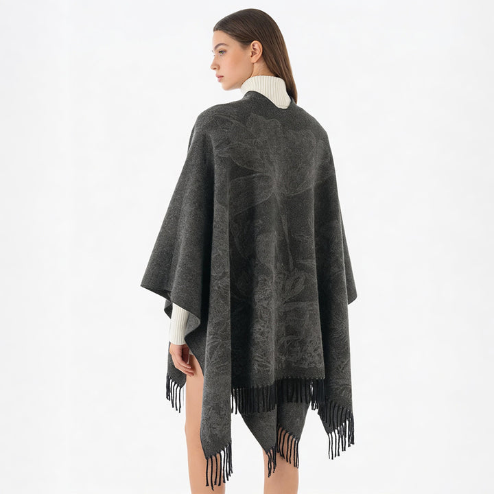 Damen V‑Ausschnitt Cape‑Poncho mit floralem Jacquard und Fransensaum Echo Archiv