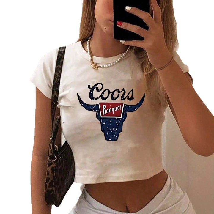 Damen Crop-Top mit kreativem Cow-Motiv und figurbetontem Schnitt Echo Archiv