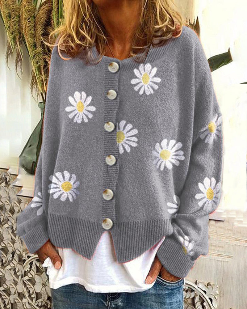 Damen Oversize Strickcardigan mit Knopfleiste und Gänseblümchen-Print Echo Archiv