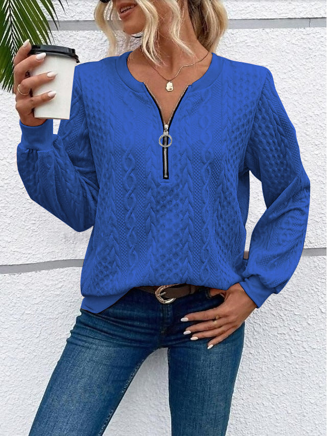 Damen grob strukturiertes Strickpullover mit Kabelmuster, halber Reißverschluss und Ballonärmel Echoarchiv