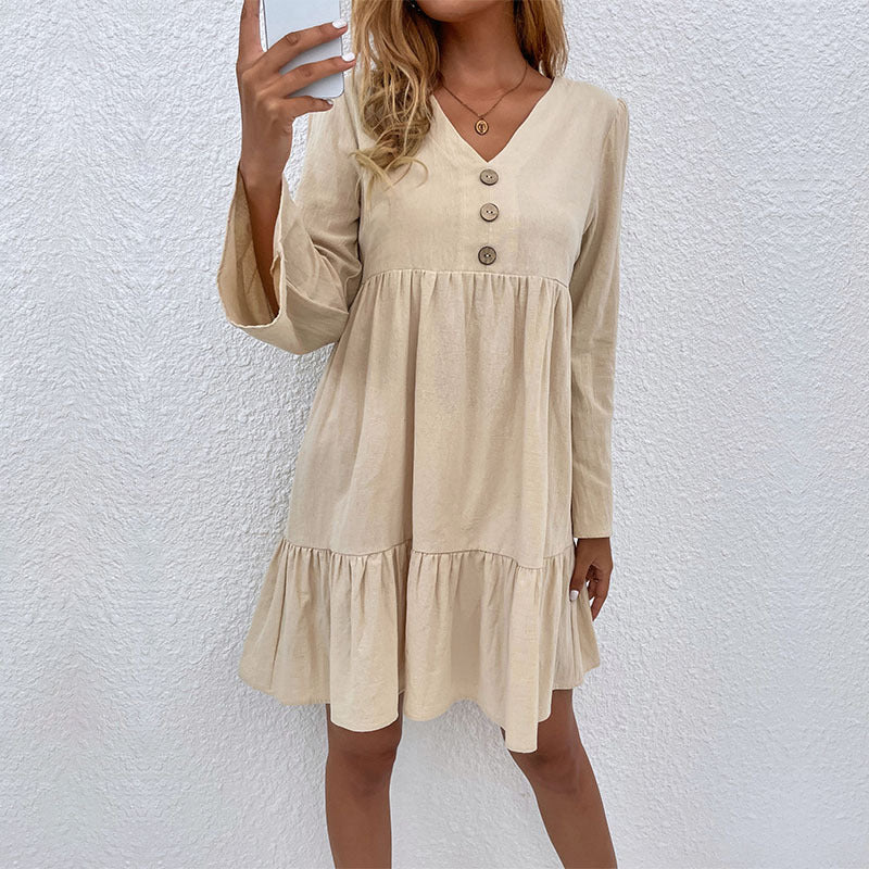 Damen V-Ausschnitt Stufenkleid mit Glockenärmeln und Knopfdetail Echoarchiv