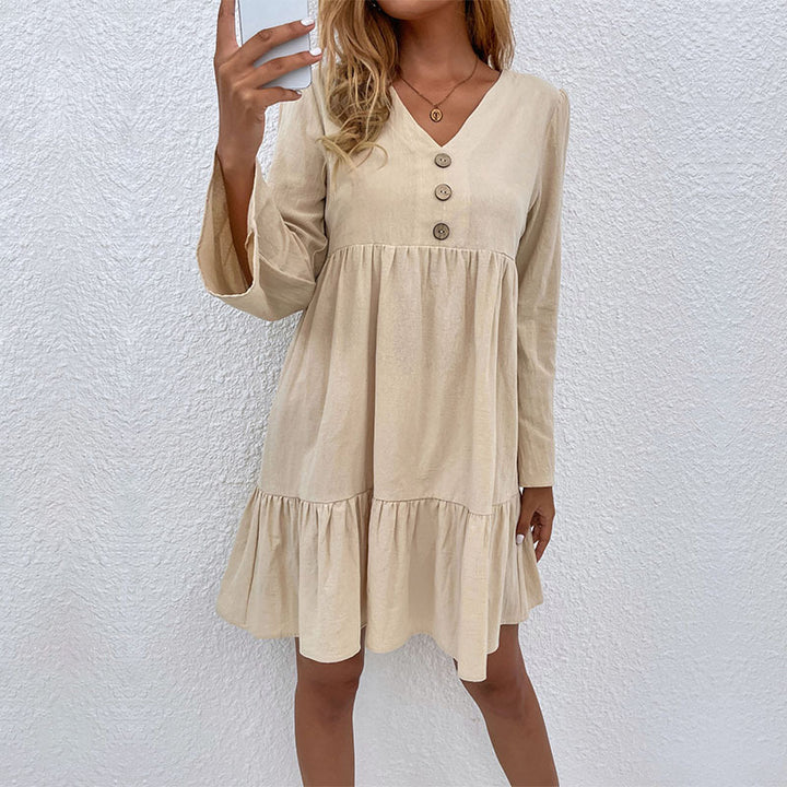 Damen V-Ausschnitt Stufenkleid mit Glockenärmeln und Knopfdetail Echoarchiv