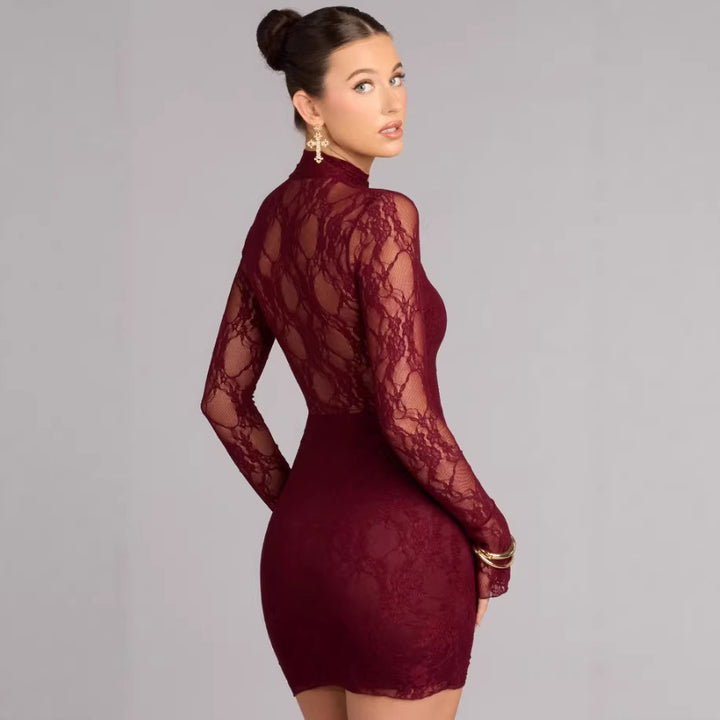 Damen Spitzen Minikleid mit hohem Kragen und schmalen Ärmeln Echo Archiv