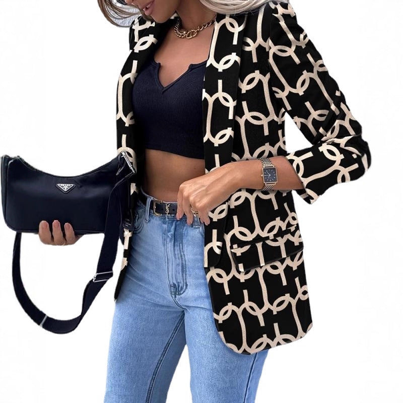 Damen Kariierter Longblazer mit legerer Passform, aufgesetzten Taschen und Dreiviertelärmeln – Célinea