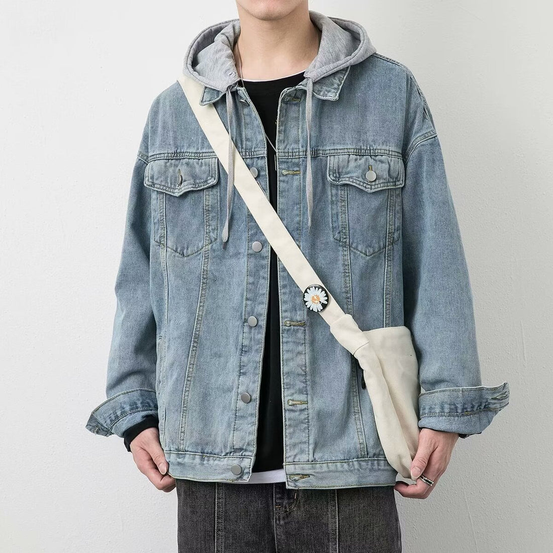 Herren Lässige Denimjacke mit integriertem Hoodie Echoarchiv