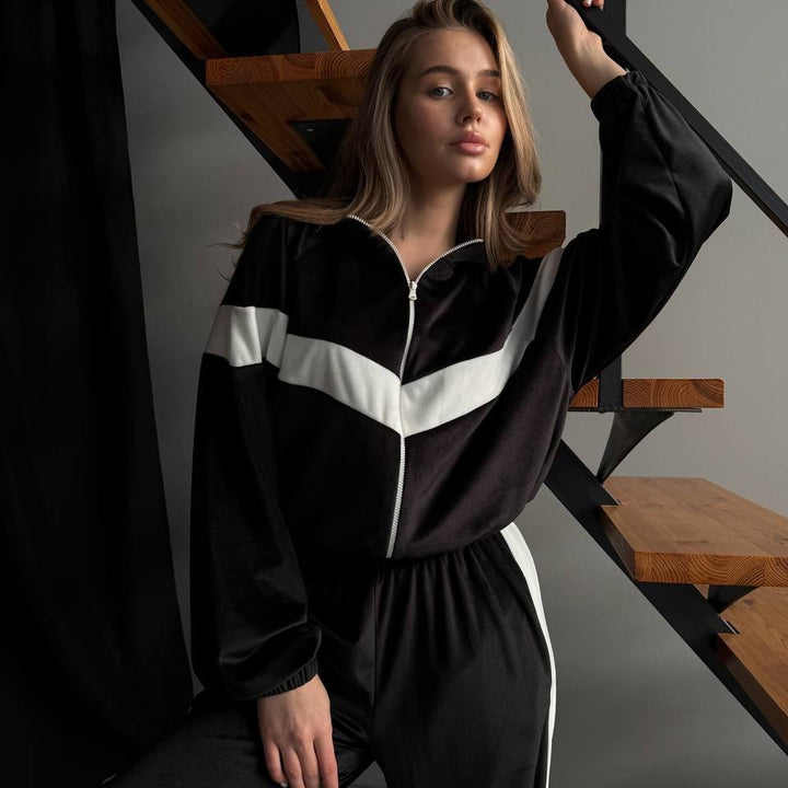 Damen Plüschiges Velours-Loungewear-Set mit Reißverschlussjacke und elastischem Taillenbund – Auréline