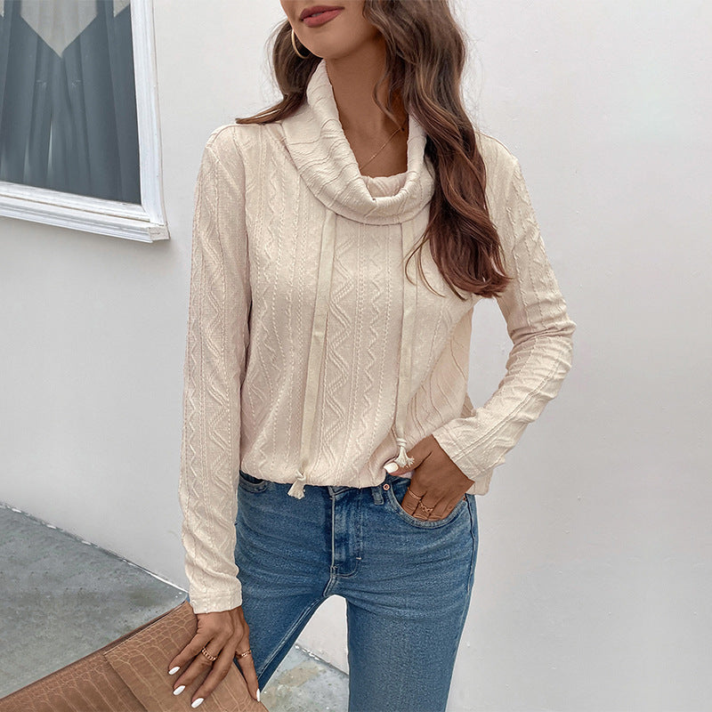 Damen Feinstrick-Cowlneck-Pullover mit Kordelzug und Zopfstrick-Detail Echoarchiv