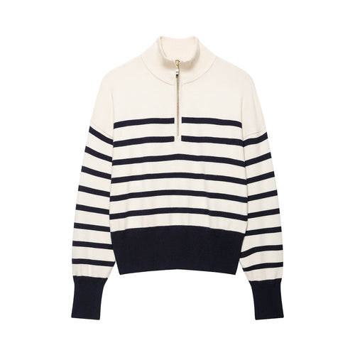 Damen Gestreifter Half-Zip Strickpullover mit Stehkragen Echoarchiv