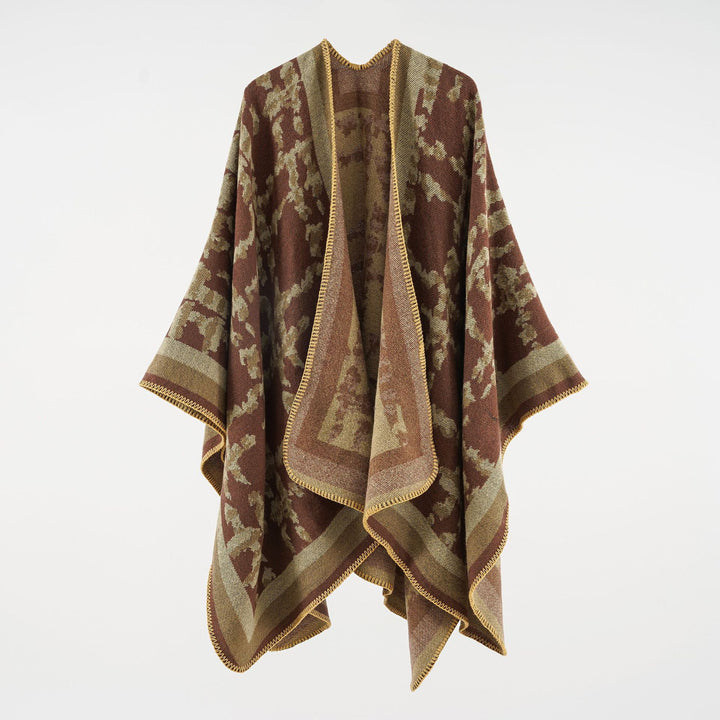 Damen Wollmix-Umhang mit jacquardgewebtem Aquarelldruck und offener Kimono-Silhouette – Montévia
