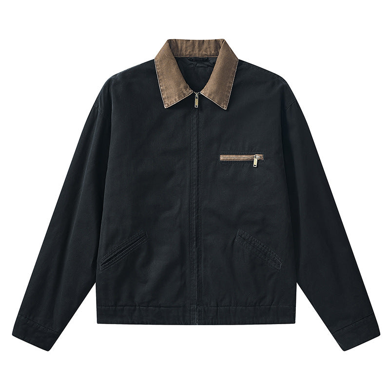 Men's vintage-inspired zip-front workwear jacket with contrast collar and angled welt pockets – Taviero