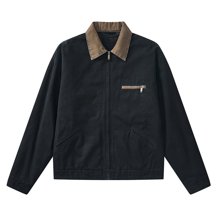 Men's vintage-inspired zip-front workwear jacket with contrast collar and angled welt pockets – Taviero