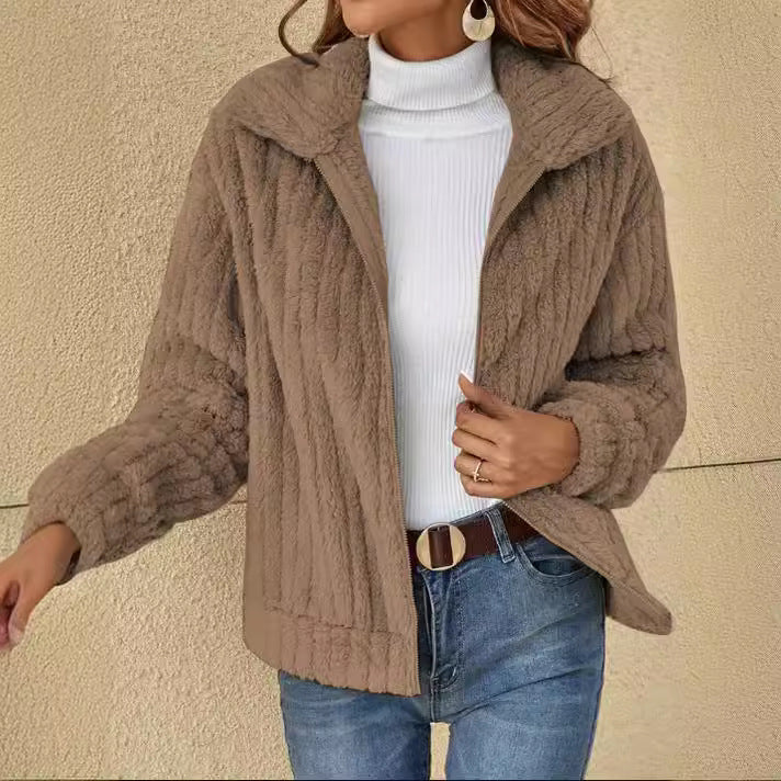 Damen nan kuschelige Teddyjacke mit durchgehendem Reißverschluss, Stehkragen und Eingrifftaschen Echo Archiv