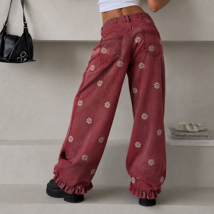 Damen weite Denimhose mit Gänseblümchen-Print, hohem Bund und Rüschenabschluss – Avélisse