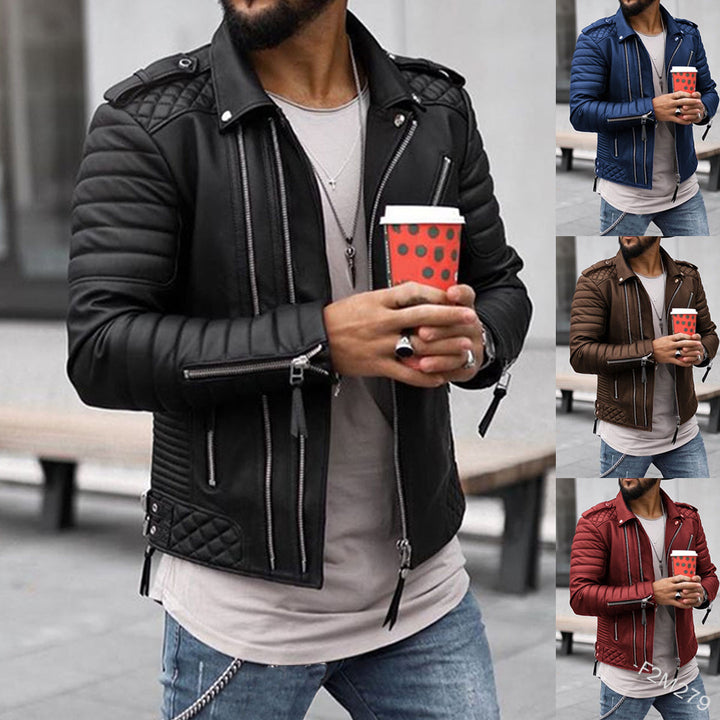Herren modische Kunstleder-Bikerjacke mit Steppdetail und funktionalen Reißverschlusstaschen Echoarchiv