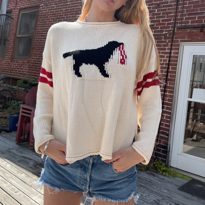 Damen Grobstrickpullover mit Hunde-Jacquard und Sportstreifen Echoarchiv