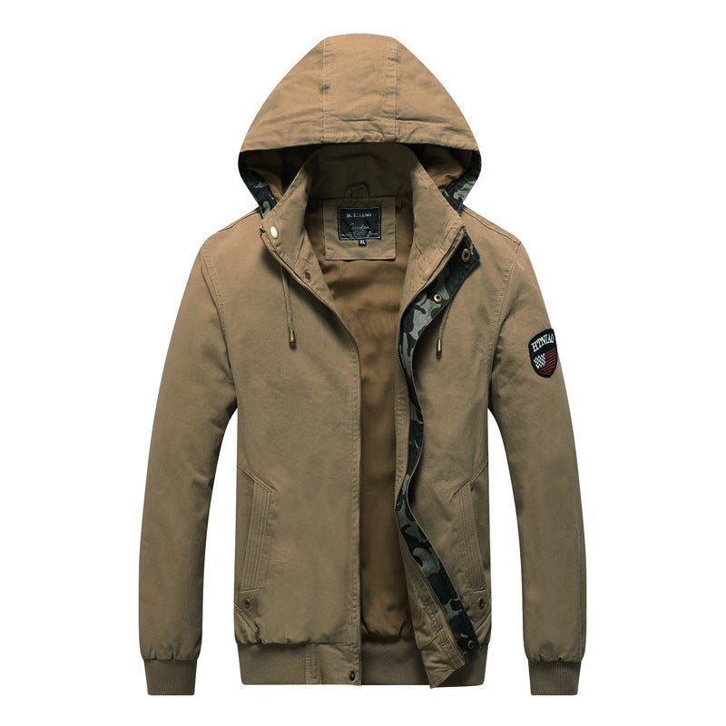 Herren Kapuzen-Canvasjacke im Military-Utility-Stil mit Camouflagemanschette und Rippbündchen Echoarchiv