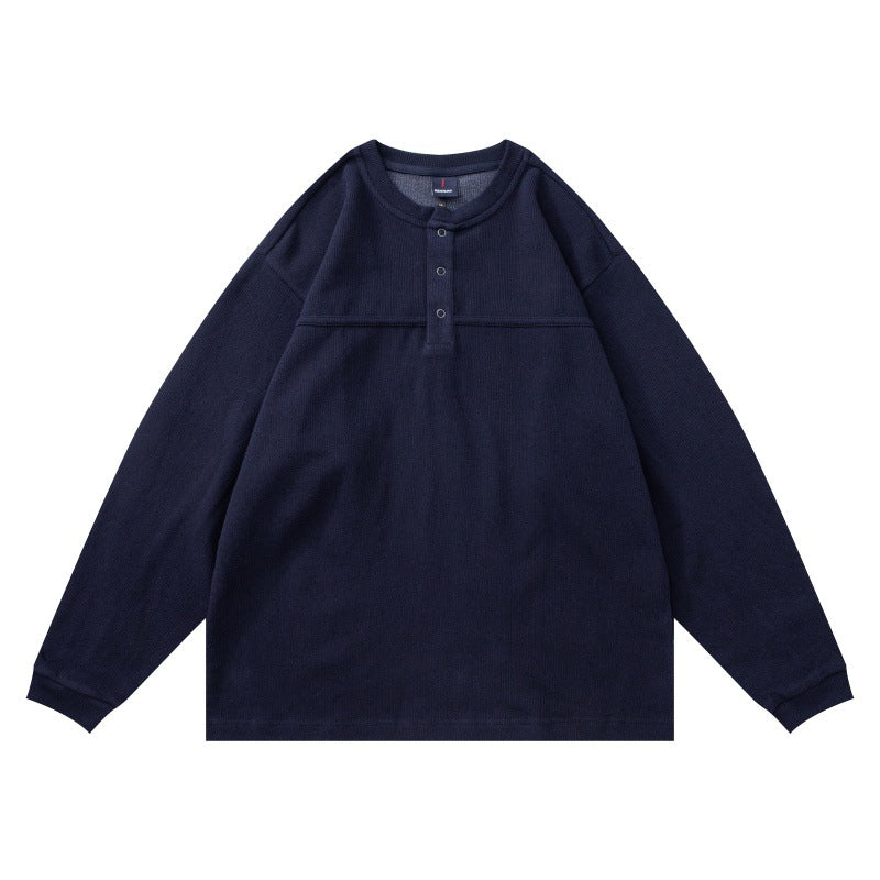 Unisex Strukturiertes Henley-Longsleeve mit Waffelstruktur, halber Knopfleiste und überschnittener Schulter Echoarchiv