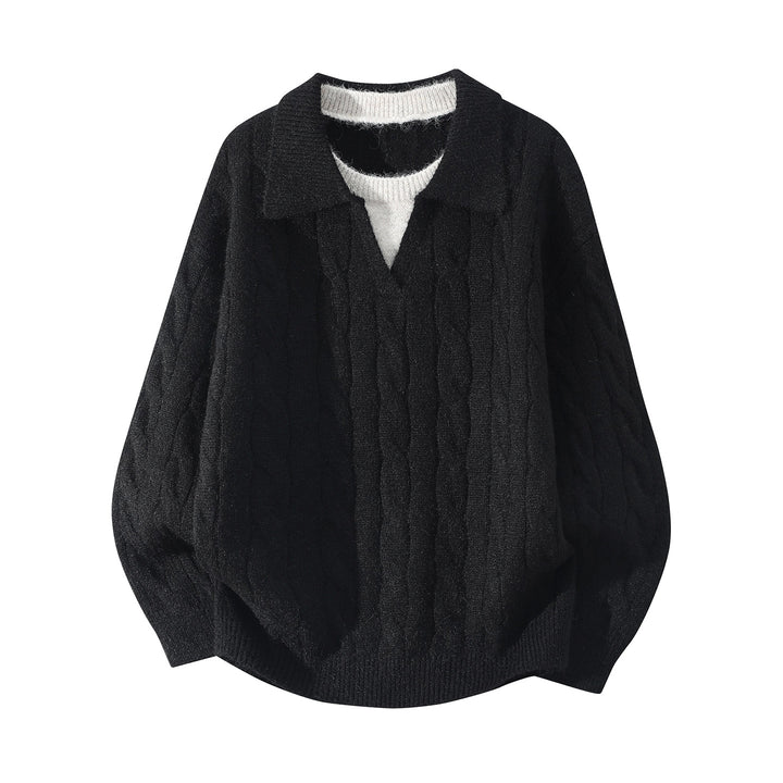 Damen Oversize Zopfmuster-Pullover mit offenem Polokragen & Layer‑Look Echoarchiv