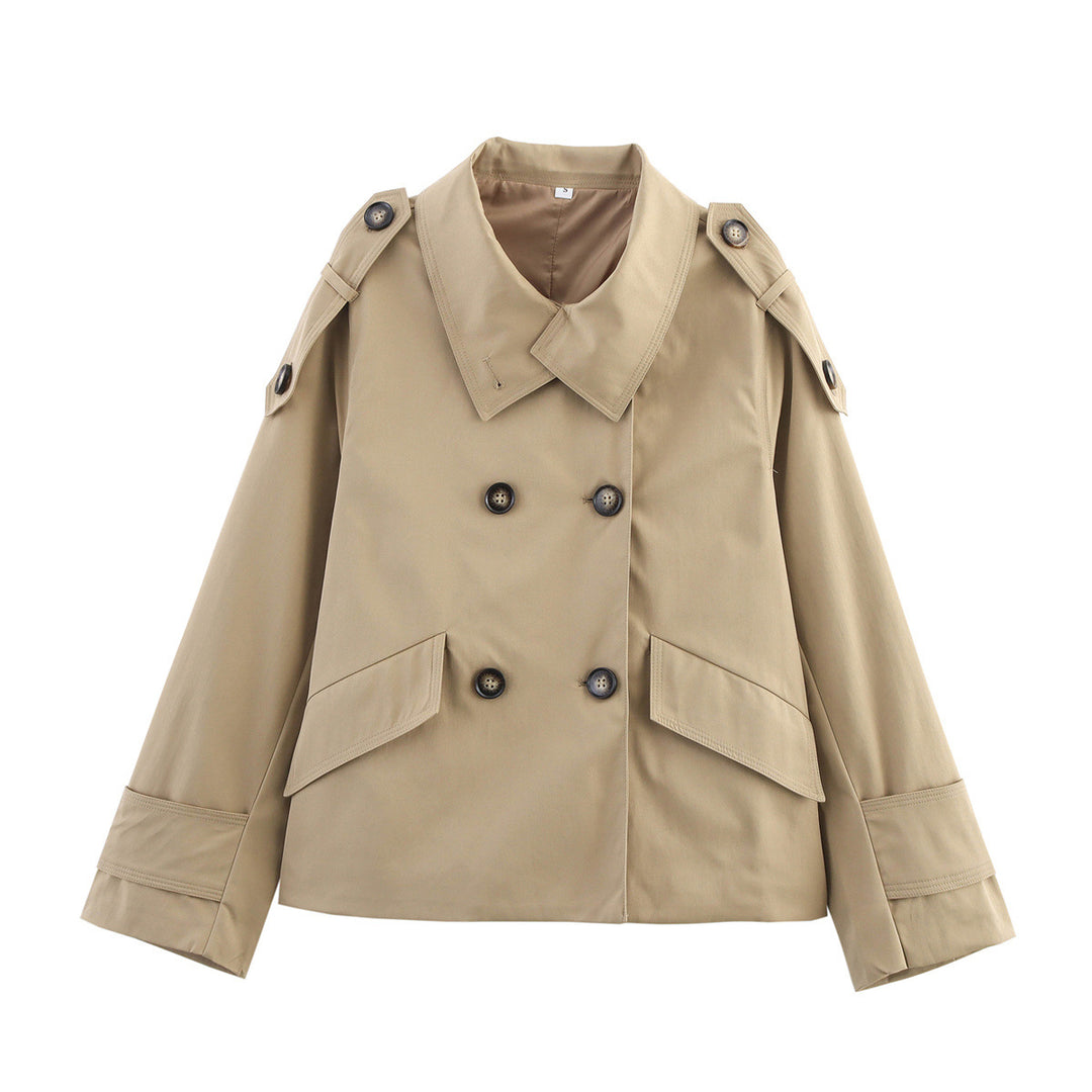 Damen kurzes doppelreihiges Trenchjacke im Boxy-Cut mit Schulterklappen, Pattentaschen und verstellbaren Manschetten – Célinea