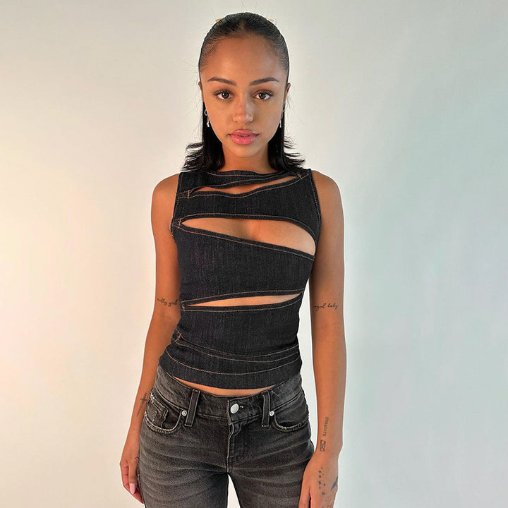 Damen figurbetontes Denim-Top mit asymmetrischen Cut-Outs und stylischem Design Echo Archiv