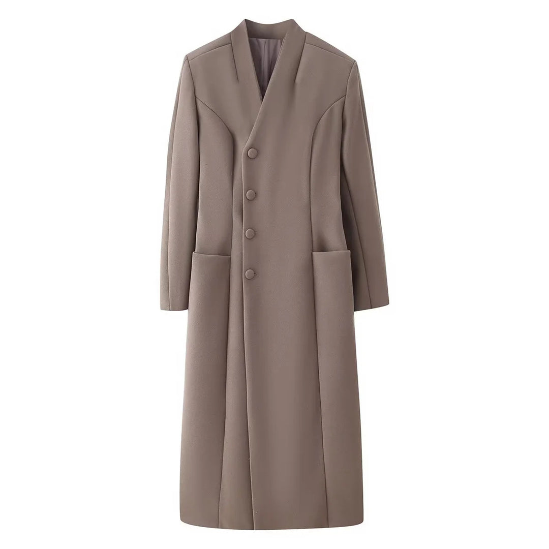 Damen minimalistischer langer Mantel mit schmalem Schalkragen und aufgesetzten Taschen – Montévia