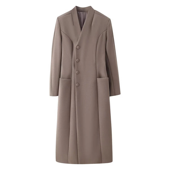 Damen minimalistischer langer Mantel mit schmalem Schalkragen und aufgesetzten Taschen – Montévia