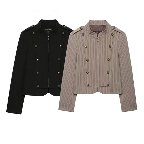 Damen Kurzjacke im Military-Stil mit Stehkragen, Zierknopfleiste und feinem Nadelstreifen Echo Archiv