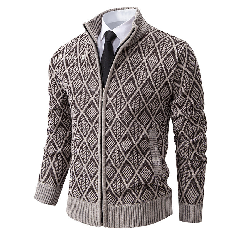 Herren Strickzipjacke mit Rautenmuster, Stehkragen und durchgehendem Reißverschluss Echo Archiv