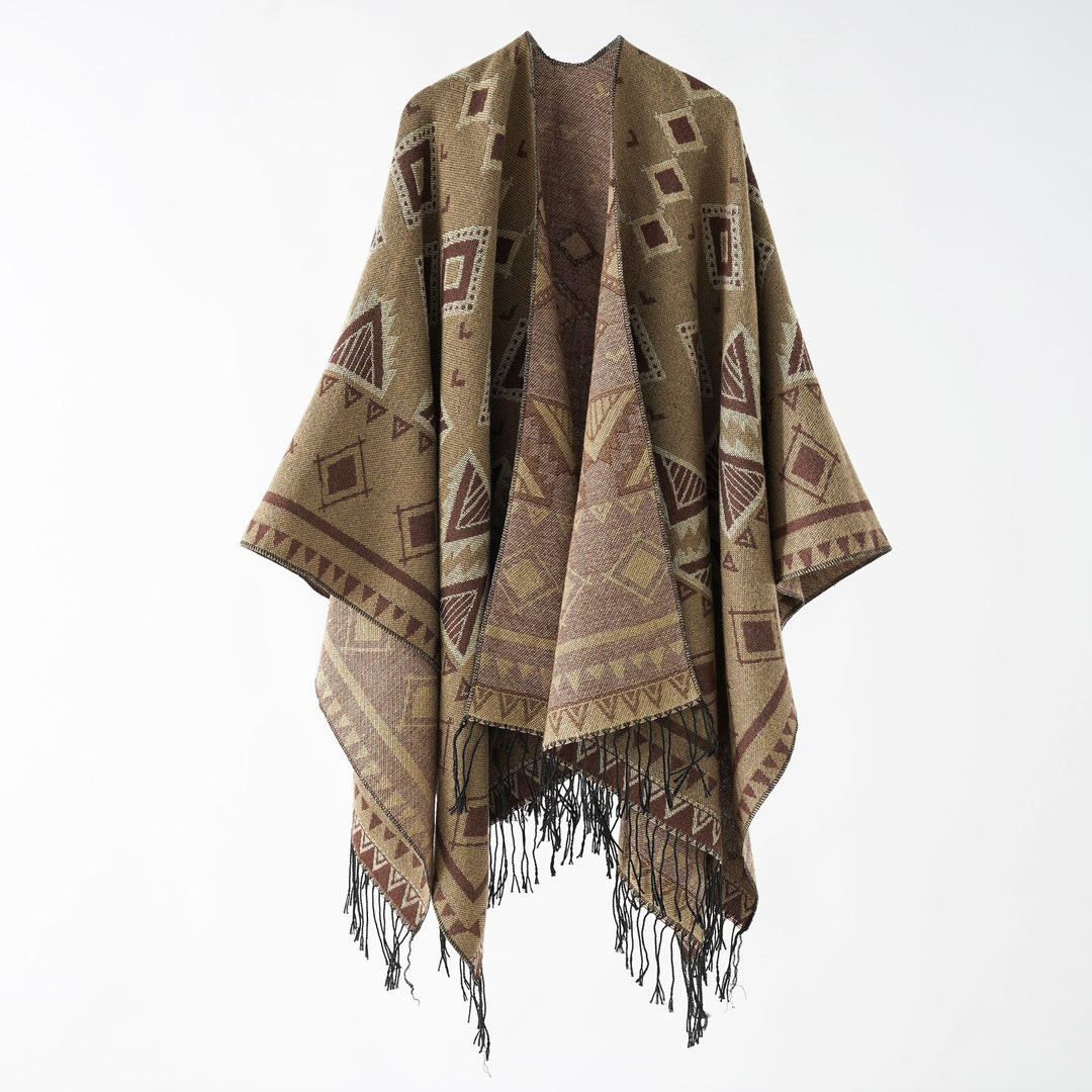 Damen Weichfallender Jacquard-Umhang im Ruana-Stil mit Fransen Echo Archiv
