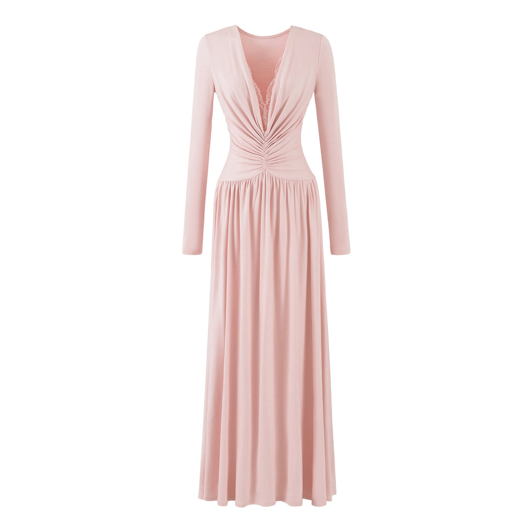 Damen Maxikleid mit gerafftem Wickeloberteil, tiefem V‑Ausschnitt und Spitzenbesatz Echoarchiv