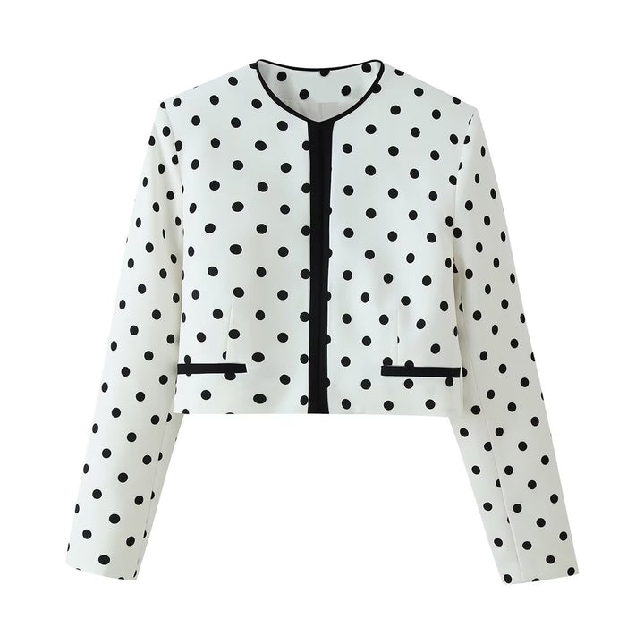 Damen Kurzblazer im Polka-Dot-Design mit Rundhalsausschnitt, kurzem Schnitt und Kontrastpaspeln Echo Archiv