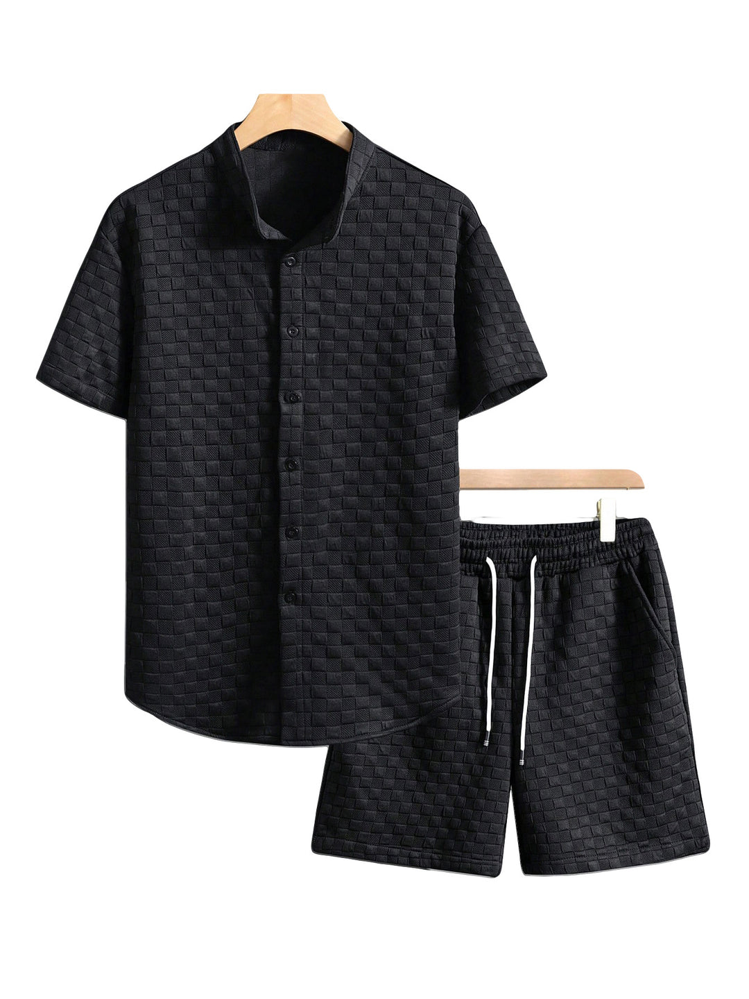 Herren nan zweiteiliges Sommerensemble mit Stehkragen-Hemdjacke und elastischen Komfort-Shorts in geprägter Karo-Textur Echo Archiv