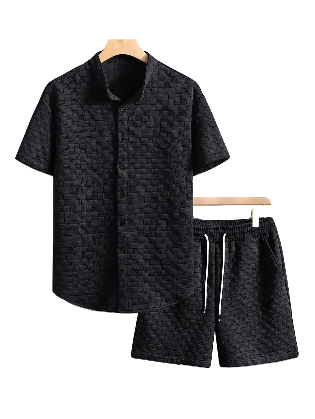 Herren zweiteiliges Sommerensemble mit Stehkragen-Hemdjacke und elastischen Komfort-Shorts in geprägter Karo-Textur – Averon