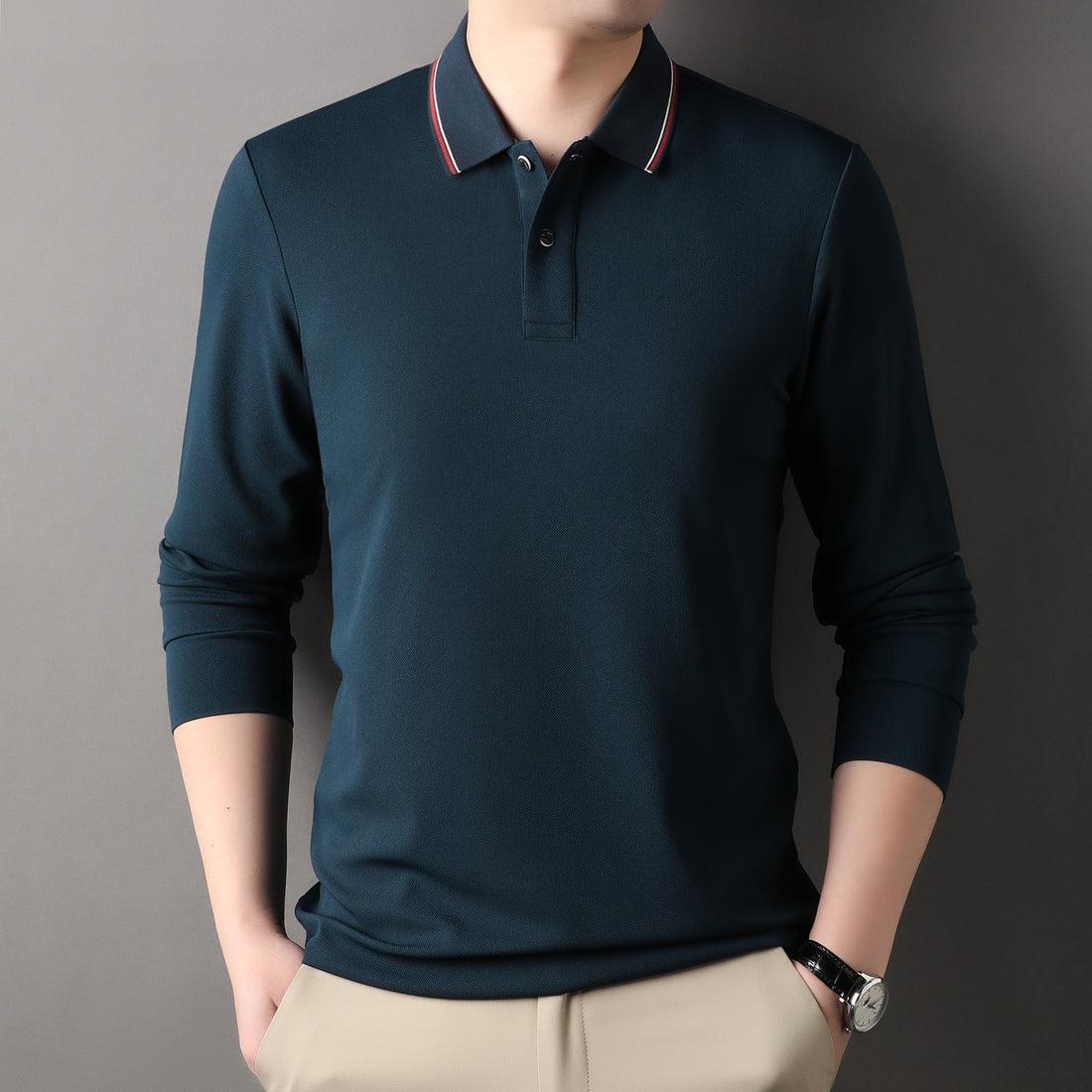 Herren elegantes Langarm-Polo mit modernem Kragen und stylischen Akzenten – Cavello
