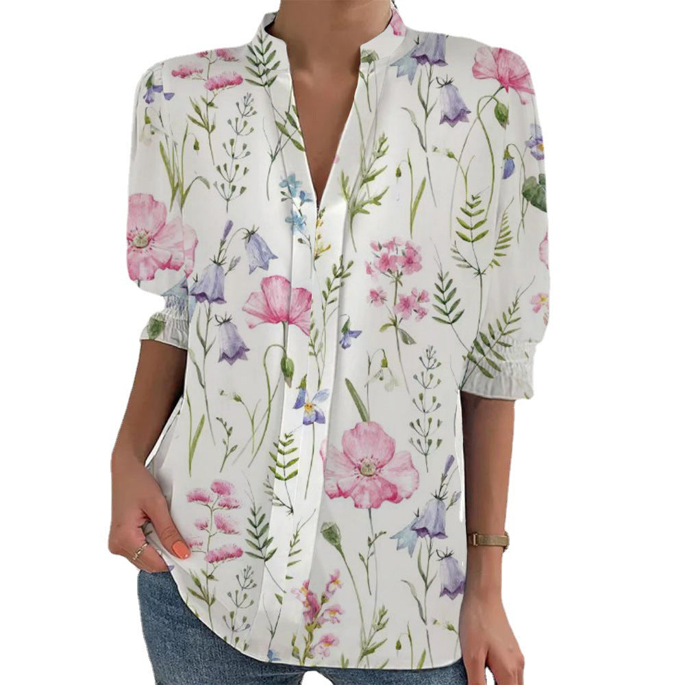 Damen Blumenprint Tunika-Bluse mit Stehkragen, geschlitzter V‑Blende und gerafften 3/4-Ärmeln – Élovi