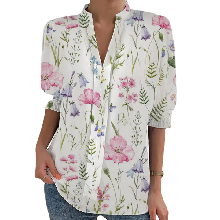 Damen Blumenprint Tunika-Bluse mit Stehkragen, geschlitzter V‑Blende und gerafften 3/4-Ärmeln – Élovi