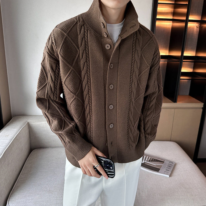 Herren Grobstrickpullover mit modernem Stehkragen und Knopfleiste Echoarchiv