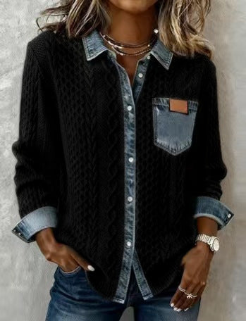 Damen Strickjacke mit Denim-Look-Kragen, dekorativer Knopfleiste und Brusttasche – Veloura