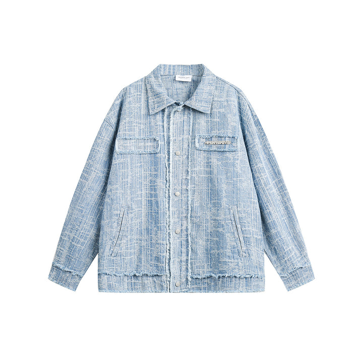 Unisex Oversize-Denim-Blouson mit fransigen Kanten und Druckknopfleiste Echoarchiv