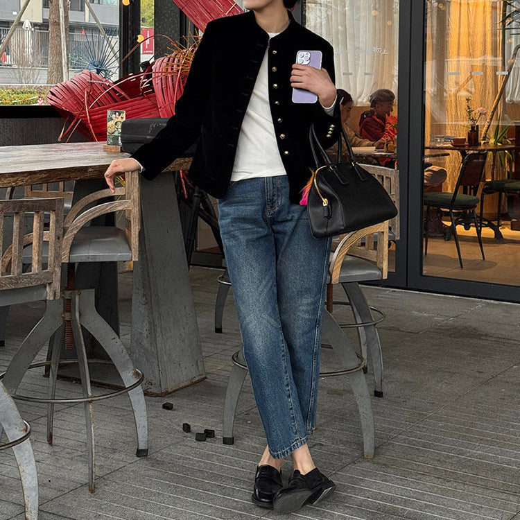 Damen Elegante Samtjacke mit Knopfleiste Echoarchiv