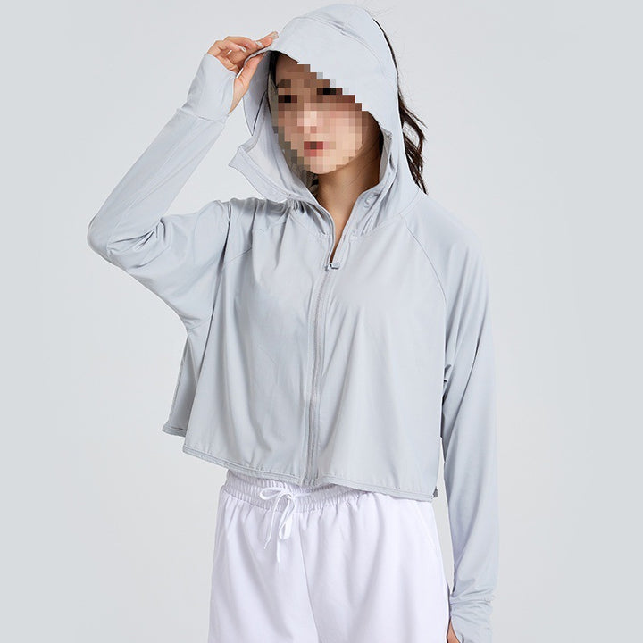 Damen Leichte Sportliche UV-Schutz-Kapuzenjacke mit kurzem Cropped‑Schnitt, Raglanärmeln & Daumenlöchern Echoarchiv
