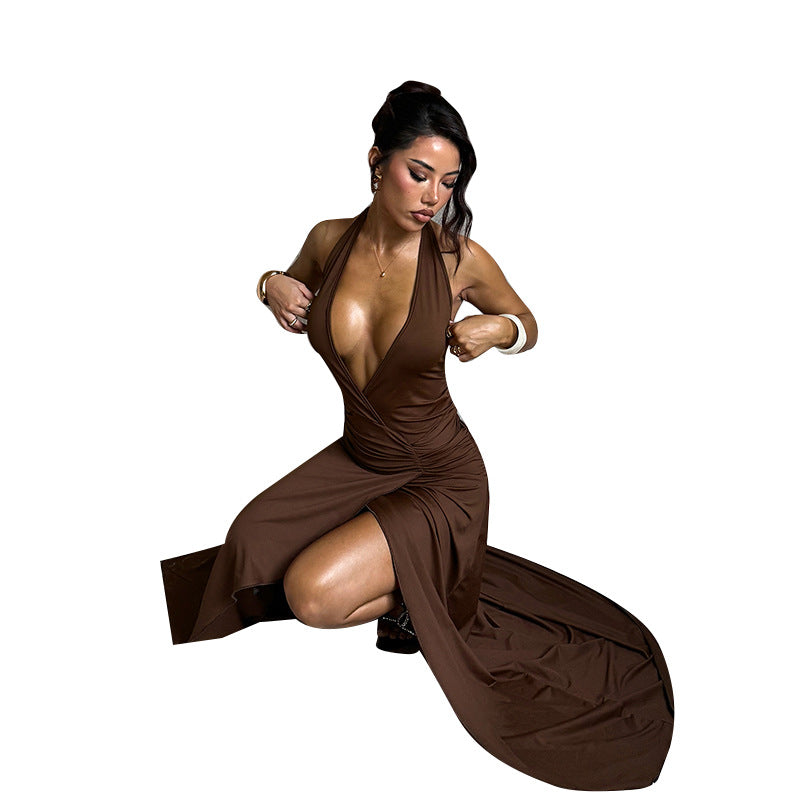 Damen Halter-Langkleid mit tiefem V-Ausschnitt und gerafftem Design Echo Archiv
