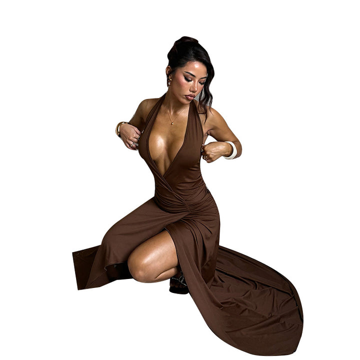 Damen Halter-Langkleid mit tiefem V-Ausschnitt und gerafftem Design Echo Archiv
