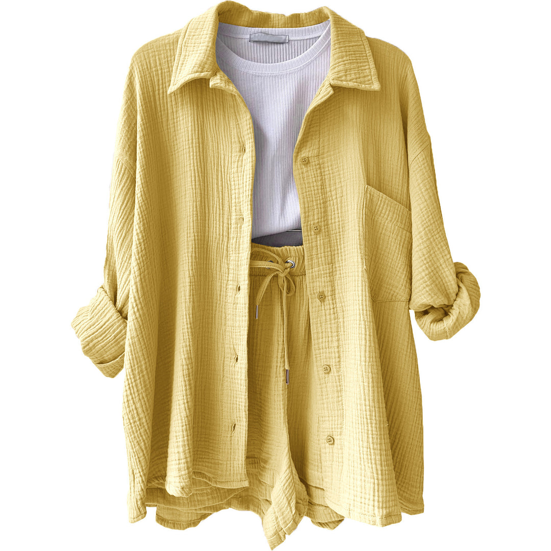 Damen nan lässiges oversized Hemd und Shorts Set mit Brusttasche Kordelbund und gerauter Baumwollstruktur Echo Archiv