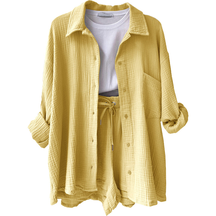 Damen nan lässiges oversized Hemd und Shorts Set mit Brusttasche Kordelbund und gerauter Baumwollstruktur Echo Archiv