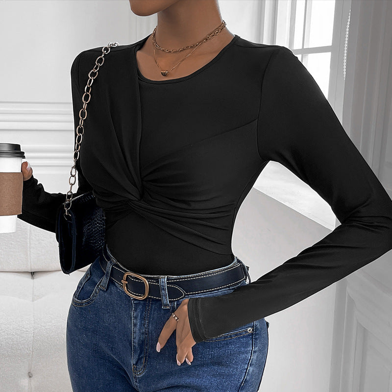 Damen Figurbetontes Twist-Longsleeve mit Knotendetail und Rundhalsausschnitt Echoarchiv