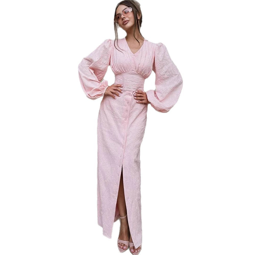 Damen Maxikleid mit Puffärmeln, tailliertem Mieder und Frontknopfleiste Echoarchiv