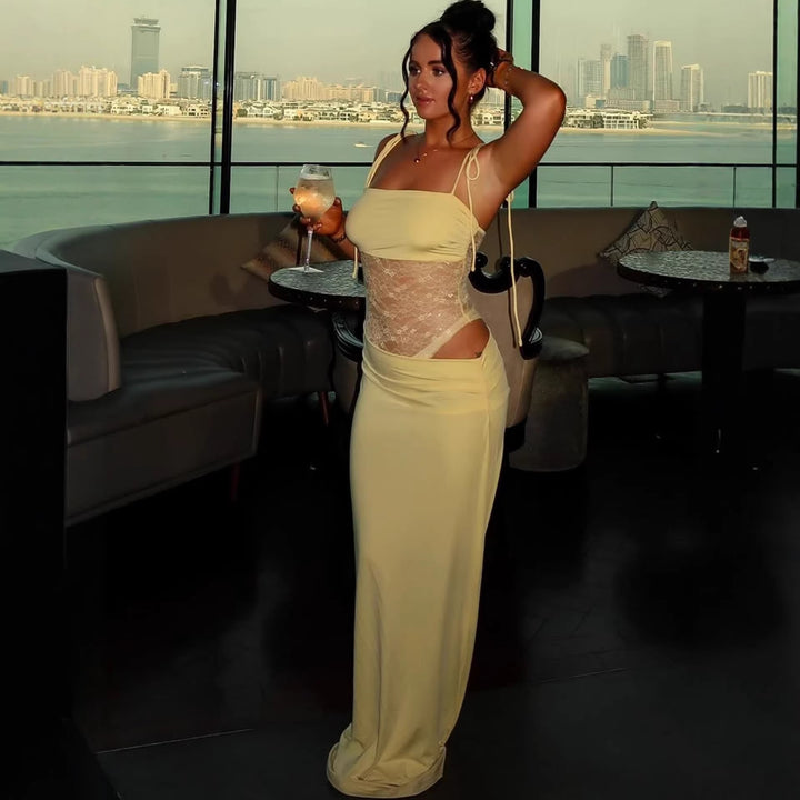 Damen elegantes langes Kleid mit raffiniertem Spitzenoberteil und verstellbaren Trägern Echo Archiv